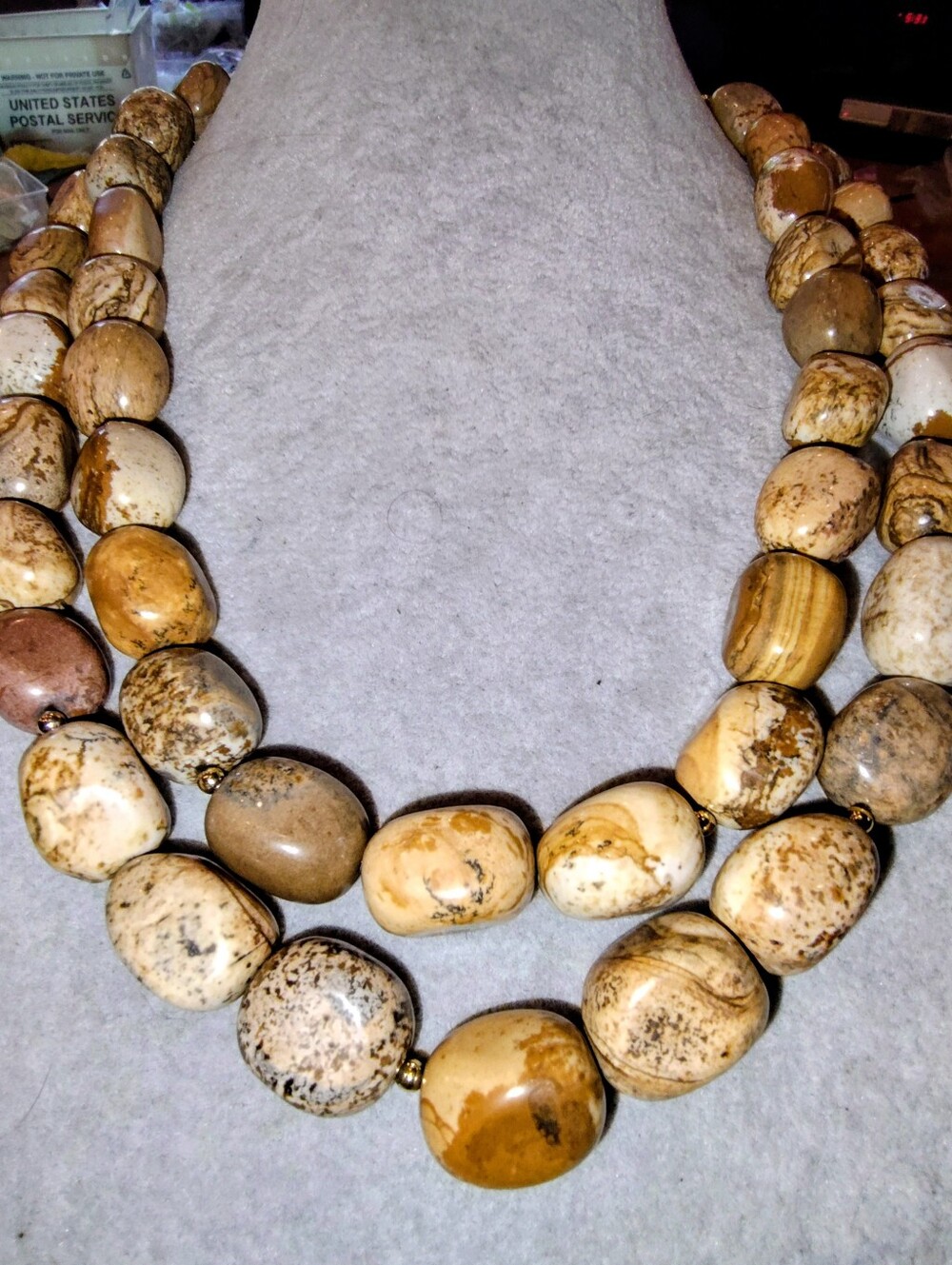 Early Kenneth Jay Lane 226g Two Strand  Picture Jasper Statement Necklace 22"